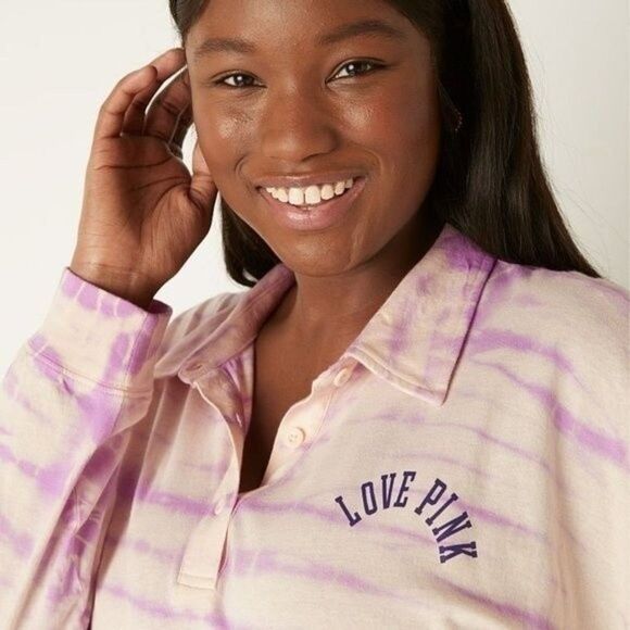 NWT VICTORIA'S SECRET PINK TIE DYE LONG SLEEVE VARSITY POLO T-SHIRT DRESS XXL - Picture 5 of 13